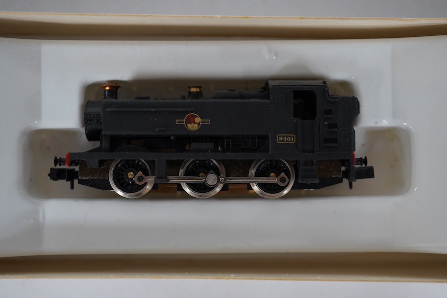 Three boxed Graham Farish N gauge BR locomotives; a Hall Class, Baggrave Hall 6994 (140A), a Hall Class 7315 (1405), and a Class 94xx pannier tank 9401 (1105). Condition - good.